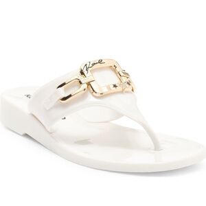 Karl Lagerfeld White Flat Comfy Sandals with Gold Accents